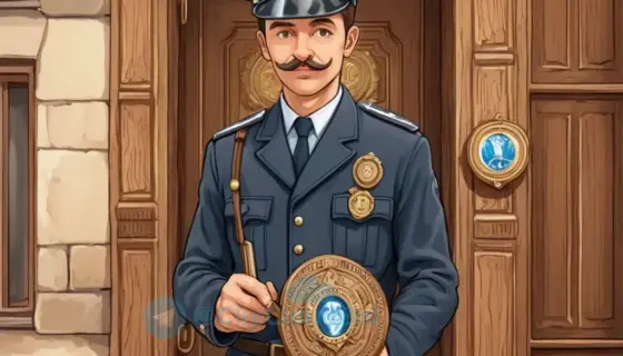 A police officer in a traditional Hungarian uniform stands in front of a historic building in Miskolc, holding a magnifying glass and examining a mysterious emblem on a wooden door, with a vintage police badge and a notebook nearby, all rendered in a detailed illustration style
