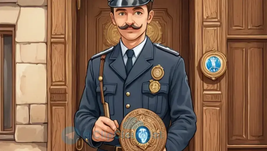 A police officer in a traditional Hungarian uniform stands in front of a historic building in Miskolc, holding a magnifying glass and examining a mysterious emblem on a wooden door, with a vintage police badge and a notebook nearby, all rendered in a detailed illustration style