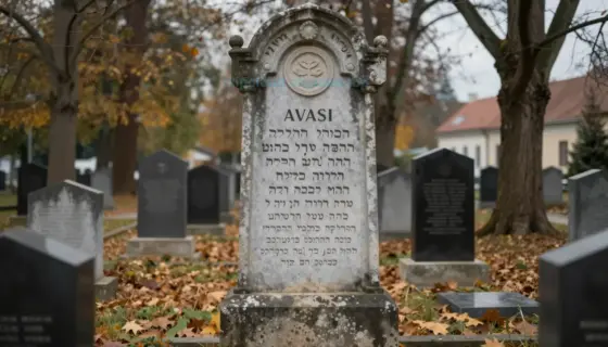 A solemn memorial scene at the Avasi Jewish cemetery in Hungary, featuring a weathered stone monument with Hebrew inscriptions, surrounded by autumn trees with fallen leaves, soft diffused lighting, and a quiet atmosphere conveying remembrance