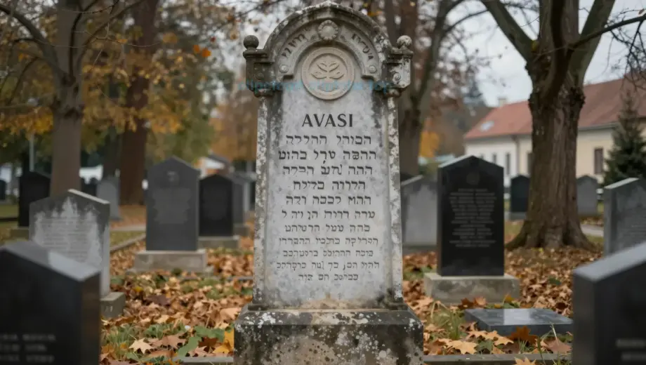 A solemn memorial scene at the Avasi Jewish cemetery in Hungary, featuring a weathered stone monument with Hebrew inscriptions, surrounded by autumn trees with fallen leaves, soft diffused lighting, and a quiet atmosphere conveying remembrance