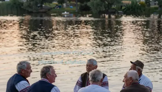 A serene lakeside scene at dusk, featuring a group of elderly Hungarian men (rendők) sitting quietly on wooden benches around a calm lake, gazing at the horizon with peaceful expressions, soft golden sunset lighting reflecting on the water, lush green trees in the background, traditional Hungarian folk patterns subtly woven into the clothing or surroundings, evoking contemplation of life's journey