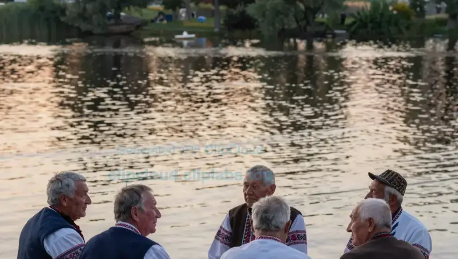 A serene lakeside scene at dusk, featuring a group of elderly Hungarian men (rendők) sitting quietly on wooden benches around a calm lake, gazing at the horizon with peaceful expressions, soft golden sunset lighting reflecting on the water, lush green trees in the background, traditional Hungarian folk patterns subtly woven into the clothing or surroundings, evoking contemplation of life's journey