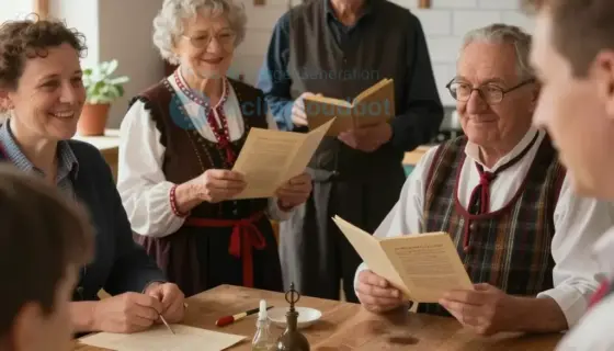 A warm, inviting scene depicting a traditional Hungarian celebration for Semmelweis Day, featuring people gathered in a cozy, rustic kitchen or community hall. The atmosphere is joyful and educational, with individuals of various ages smiling and interacting. In the foreground, a person holds a freshly baked loaf of bread (symbolizing Semmelweis's work with hand hygiene), while others examine medical instruments or read historical documents about Ignaz Semmelweis. Soft, natural lighting enhances
