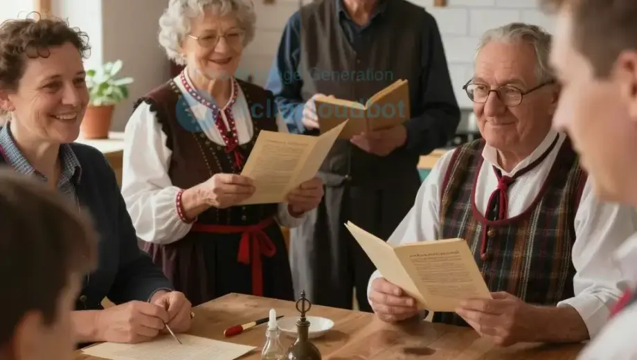 A warm, inviting scene depicting a traditional Hungarian celebration for Semmelweis Day, featuring people gathered in a cozy, rustic kitchen or community hall. The atmosphere is joyful and educational, with individuals of various ages smiling and interacting. In the foreground, a person holds a freshly baked loaf of bread (symbolizing Semmelweis's work with hand hygiene), while others examine medical instruments or read historical documents about Ignaz Semmelweis. Soft, natural lighting enhances