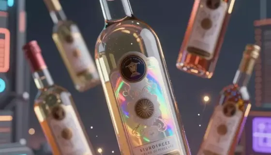 A dramatic, high-detail illustration of a futuristic, dystopian scene showing the world's most advanced and luxurious beverage packaging, featuring sleek, transparent glass bottles with holographic labels, floating in a zero-gravity environment above a neon-lit, cyberpunk cityscape at night, with glowing energy streams and advanced technology elements surrounding the bottles, conveying a sense of extreme sophistication and exclusivity