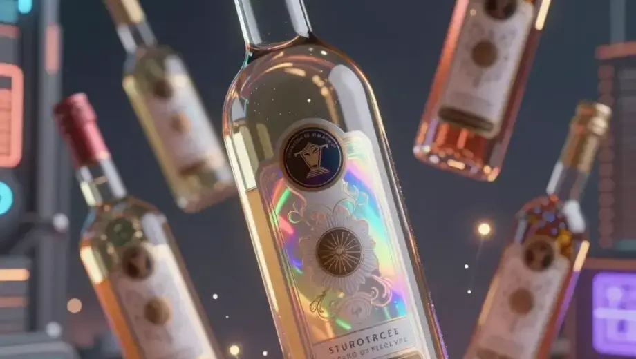 A dramatic, high-detail illustration of a futuristic, dystopian scene showing the world's most advanced and luxurious beverage packaging, featuring sleek, transparent glass bottles with holographic labels, floating in a zero-gravity environment above a neon-lit, cyberpunk cityscape at night, with glowing energy streams and advanced technology elements surrounding the bottles, conveying a sense of extreme sophistication and exclusivity