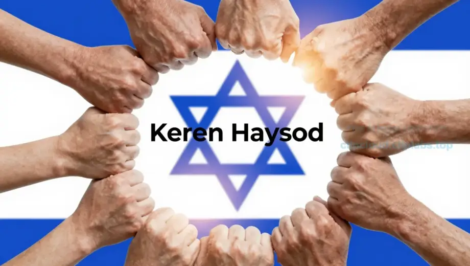 A symbolic representation of the Keren Hayesod organization's activities in September, featuring abstract elements like interconnected hands forming a circle, subtle Israeli flag colors in the background, and soft glowing light suggesting hope and unity, without any text or logos