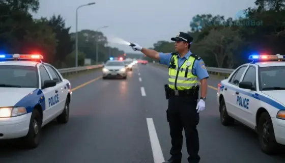 A police officer in uniform standing on a rural highway at dusk, directing traffic with a flashlight, a patrol car with flashing lights parked nearby, empty road stretching into the distance, subtle motion blur on passing vehicles, realistic lighting and atmosphere