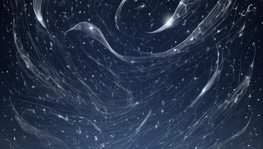A surreal illustration of a massive swarm of invisible or abstract sound waves forming into ghostly, non-existent bird-like creatures with shimmering, translucent wings and musical notes floating around them, set against a dark starry night sky with faint glowing musical staff lines, conveying the concept of 720 million non-existent bird sounds