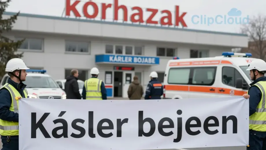 A dramatic news headline scene showing a hospital (kórházak) with emergency vehicles and personnel gathered outside, with a prominent banner or sign displaying 'Kásler bejelen' (Kásler's arrival), conveying urgent breaking news atmosphere