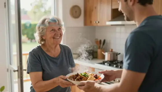 A warm, inviting kitchen scene with a smiling delivery person handing a steaming plate of traditional Hungarian food (like goulash or paprikash) to a grateful elderly woman at her doorstep, soft natural light, cozy home interior visible in the background, steam rising from the plate, realistic details, no text or signs