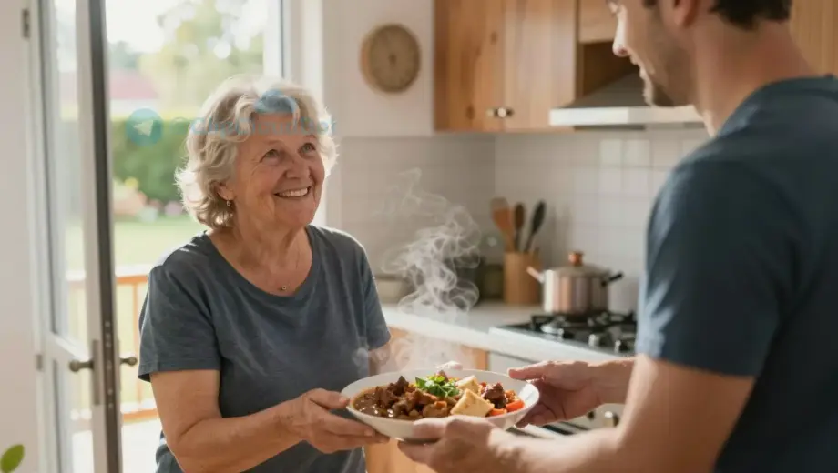 A warm, inviting kitchen scene with a smiling delivery person handing a steaming plate of traditional Hungarian food (like goulash or paprikash) to a grateful elderly woman at her doorstep, soft natural light, cozy home interior visible in the background, steam rising from the plate, realistic details, no text or signs