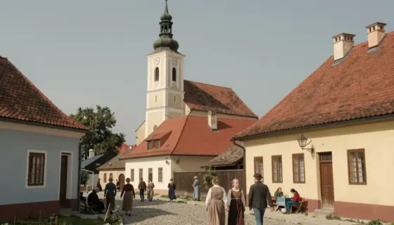 A scene from a Hungarian village in Hódmezővásárhely, featuring traditional architecture with red-tiled roofs, cobblestone streets, and a small church or historical building in the background. Include people in period clothing walking or gathering, with a sense of community and daily life. The atmosphere should be warm and nostalgic, evoking a mid-20th century rural setting.
