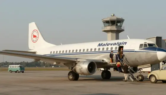 A nostalgic scene of a vintage Malév Hungarian Airlines aircraft parked at an old airport terminal in the 1970s, with soft golden hour lighting, passengers in period clothing boarding via a movable jet bridge, and the airline's classic logo visible on the tail fin; subtle details include a retro control tower in the background and a few period-accurate ground service vehicles