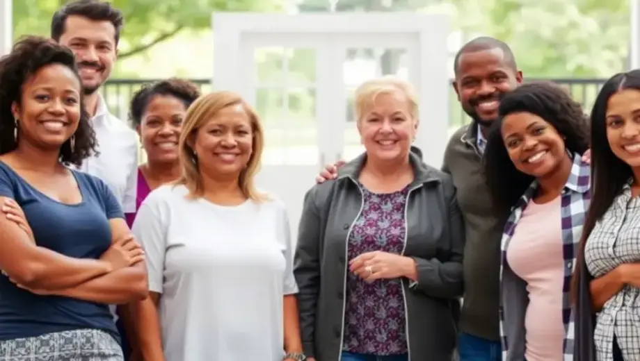 A diverse group of people of different ages and ethnicities standing together in a bright, welcoming community center or park setting, smiling and looking hopeful, with subtle visual elements like a heart symbol or a medical cross integrated into the background to represent health and care, conveying unity and the first step toward wellness