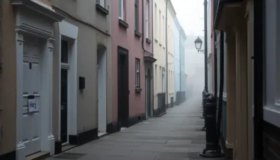 A quiet residential street in London with several closed doors and windows, a small sign reading 'Hej' on one door, muted colors, early morning light, subtle fog, no people, no text or numbers visible