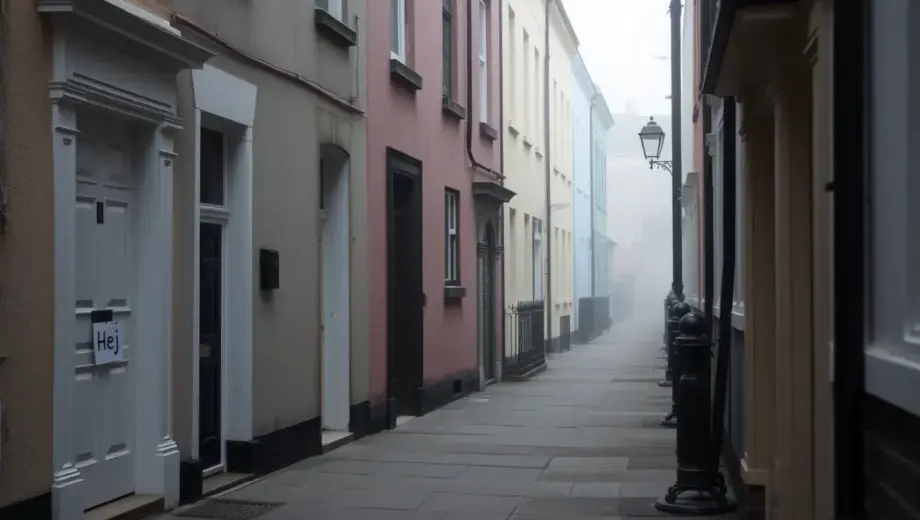 A quiet residential street in London with several closed doors and windows, a small sign reading 'Hej' on one door, muted colors, early morning light, subtle fog, no people, no text or numbers visible