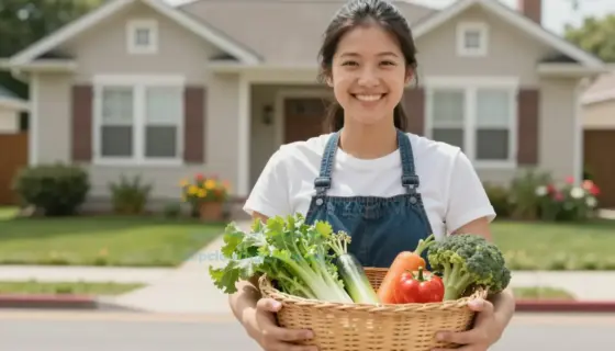 A cheerful, friendly neighbor standing in a sunny suburban street, holding a basket of fresh vegetables and smiling warmly, with a cozy house in the background and blooming flowers around, conveying community spirit and neighborly kindness