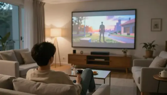 A cinematic scene showing a person sitting in a cozy, well-lit living room, watching a movie on a large screen, with comfortable furniture and warm lighting, conveying a sense of relaxation and enjoyment