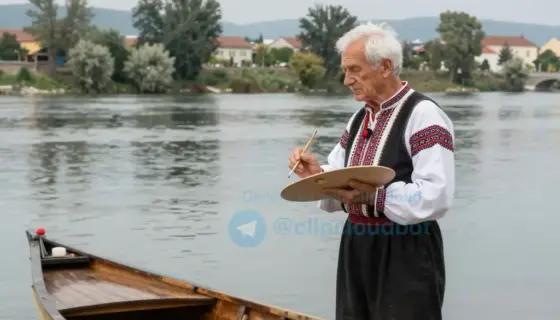A serene Hungarian elderly artist with traditional folk attire, standing beside a large, ornate wooden boat on the banks of a calm river in Hungary, holding a paintbrush and palette, with vibrant folk art patterns subtly integrated into the landscape, symbolizing the fusion of art and nature in overcoming challenges