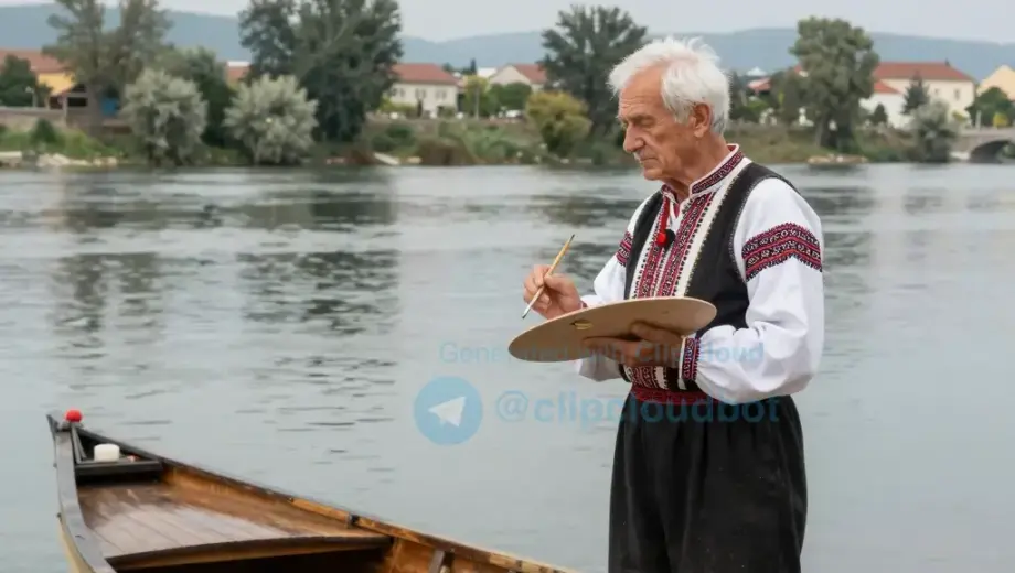 A serene Hungarian elderly artist with traditional folk attire, standing beside a large, ornate wooden boat on the banks of a calm river in Hungary, holding a paintbrush and palette, with vibrant folk art patterns subtly integrated into the landscape, symbolizing the fusion of art and nature in overcoming challenges
