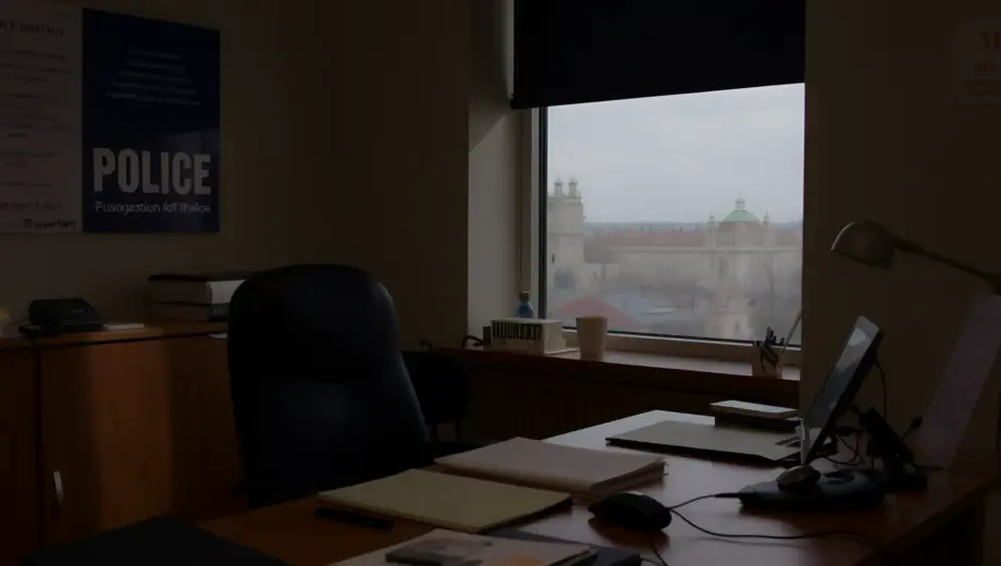 A police captain's office in a Hungarian police station, featuring a desk with official documents, a badge, a radio, and a window showing a cityscape, realistic lighting and details