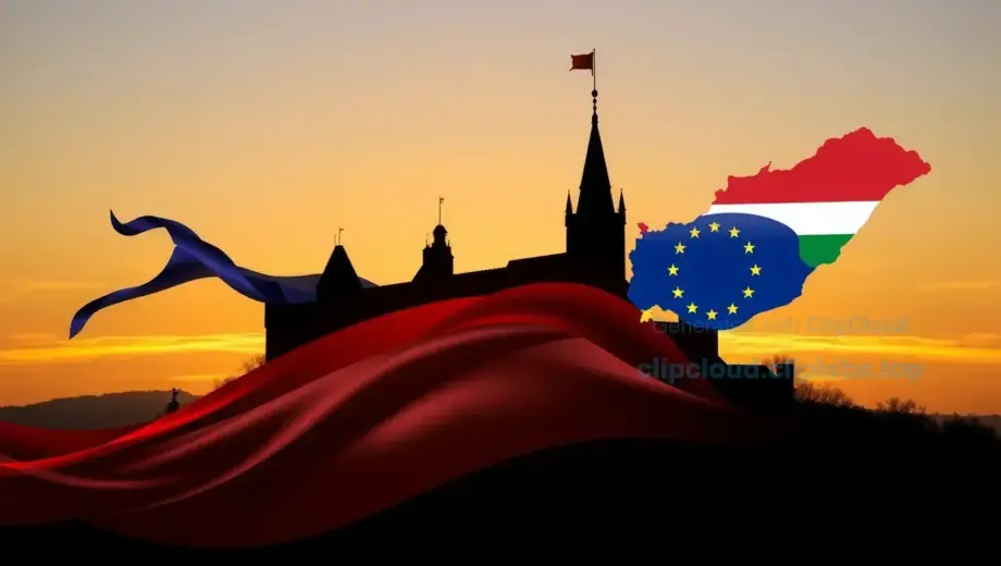 A medieval castle silhouette at sunset with flowing EU flag ribbons and a subtle map of Hungary in the background, no text or letters