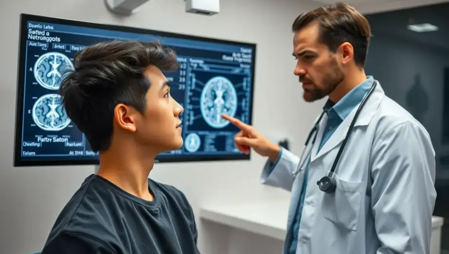 A young adult person in a modern medical clinic setting, showing a brain scan on a screen, with a concerned doctor pointing at it, conveying early diagnosis of neurological issues