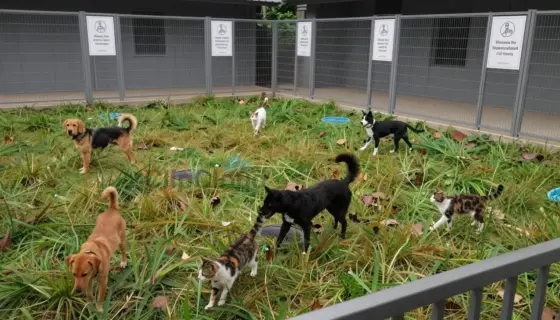 A clean, well-maintained animal shelter outdoor enclosure with a few dogs and cats playing safely in a grassy area, surrounded by tidy fences and signage indicating hygiene and disinfection, bright daylight, realistic details, no text or numbers visible