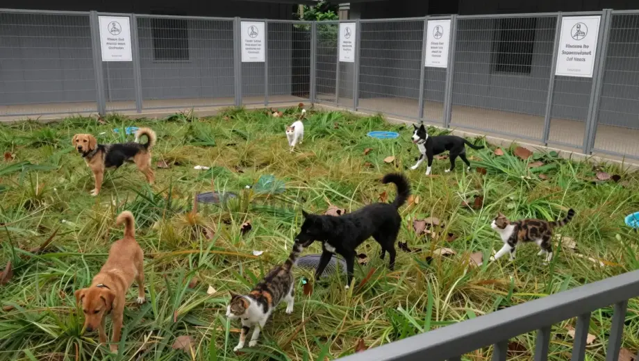A clean, well-maintained animal shelter outdoor enclosure with a few dogs and cats playing safely in a grassy area, surrounded by tidy fences and signage indicating hygiene and disinfection, bright daylight, realistic details, no text or numbers visible