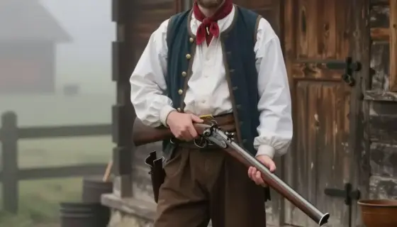 A historical scene depicting Takács János, a man in 19th-century Hungarian attire, standing in front of a rustic wooden building in Miskolc, holding an antique flintlock musket (the first weapon of Miskolc), with a misty, early morning atmosphere and traditional Hungarian village elements in the background