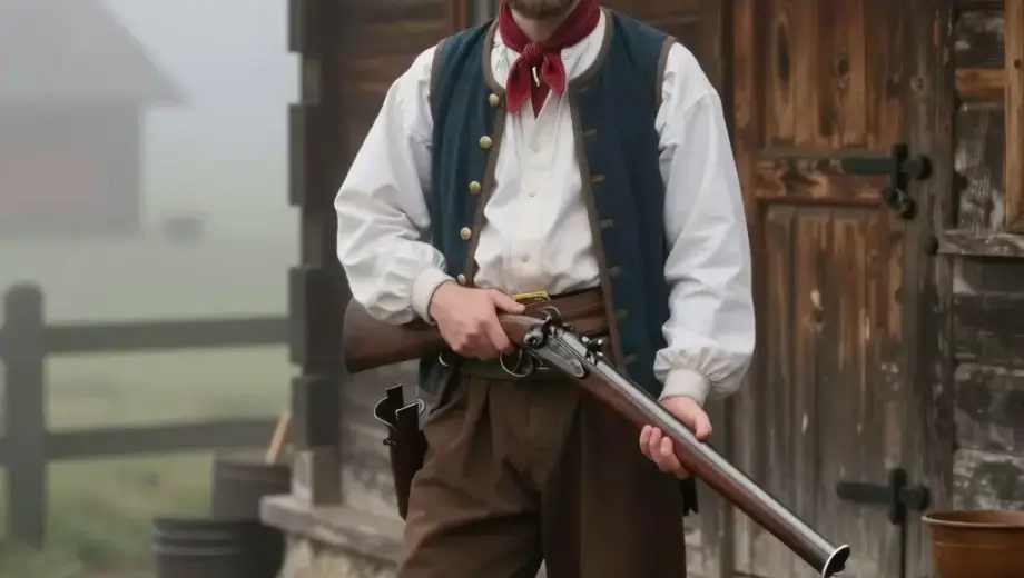A historical scene depicting Takács János, a man in 19th-century Hungarian attire, standing in front of a rustic wooden building in Miskolc, holding an antique flintlock musket (the first weapon of Miskolc), with a misty, early morning atmosphere and traditional Hungarian village elements in the background