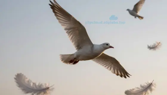 A large bird flying without wings in a sky filled with floating feathers, symbolizing peace and freedom, with a subtle silhouette of a dove in the distance
