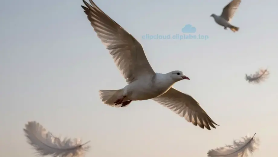A large bird flying without wings in a sky filled with floating feathers, symbolizing peace and freedom, with a subtle silhouette of a dove in the distance