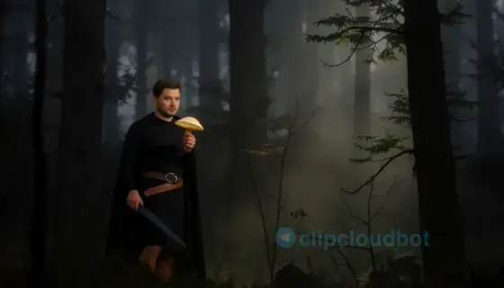 A dramatic scene of a Hungarian folk hero, Béla Soltész, standing in a misty Miskolc forest holding a glowing mushroom, with subtle hints of a hidden dagger, rendered in a realistic style with rich forest colors and atmospheric lighting
