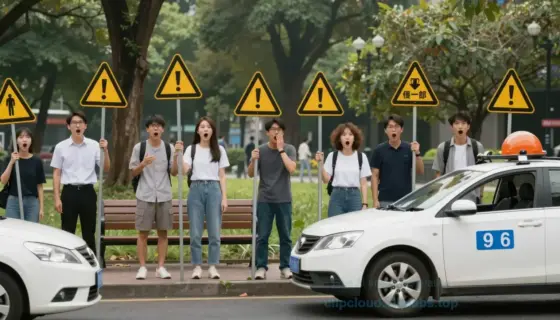 A dramatic scene showing a group of people in a park with exaggerated warning signs and shocked expressions, illustrating severe traffic violations, vibrant colors, dynamic composition, urban setting with trees and benches, no text or numbers visible