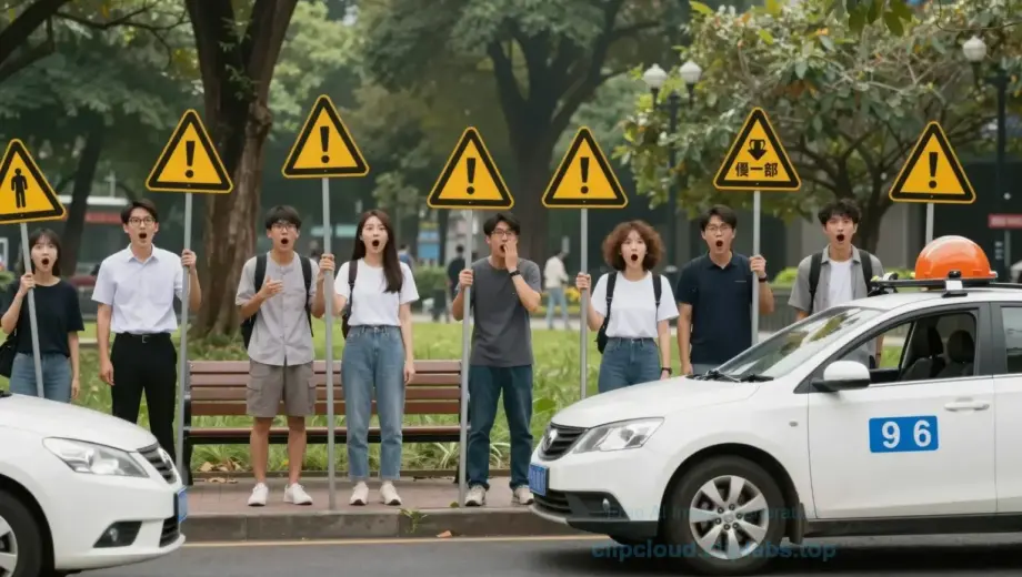 A dramatic scene showing a group of people in a park with exaggerated warning signs and shocked expressions, illustrating severe traffic violations, vibrant colors, dynamic composition, urban setting with trees and benches, no text or numbers visible