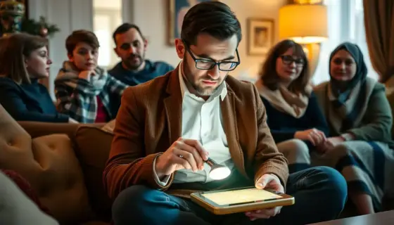 A modern Hungarian man named Böjte Csaba sitting in a cozy living room, looking at a glowing spiritual GPS device on his lap, surrounded by family members watching attentively, warm lighting, detailed facial expressions, traditional Hungarian clothing elements blended with modern attire