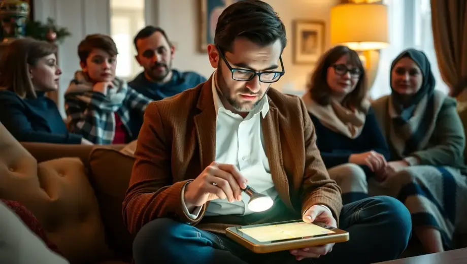 A modern Hungarian man named Böjte Csaba sitting in a cozy living room, looking at a glowing spiritual GPS device on his lap, surrounded by family members watching attentively, warm lighting, detailed facial expressions, traditional Hungarian clothing elements blended with modern attire