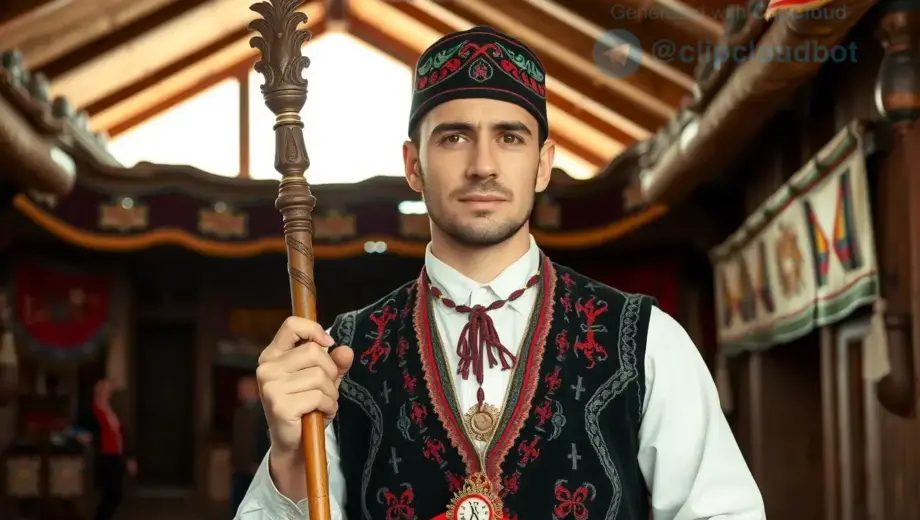 A portrait of a man in traditional Hungarian folk attire, standing in a rustic village setting with wooden beams and embroidered textiles, holding a ceremonial staff, soft natural lighting, detailed facial expression conveying quiet dignity