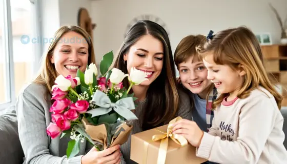 A warm, joyful scene of a family celebrating Mother's Day with a mother and her children giving her a bouquet of flowers and a heartfelt gift, soft natural lighting, smiling faces, cozy home interior with subtle festive decorations, no text or words visible