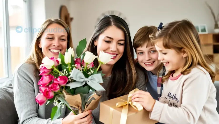 A warm, joyful scene of a family celebrating Mother's Day with a mother and her children giving her a bouquet of flowers and a heartfelt gift, soft natural lighting, smiling faces, cozy home interior with subtle festive decorations, no text or words visible
