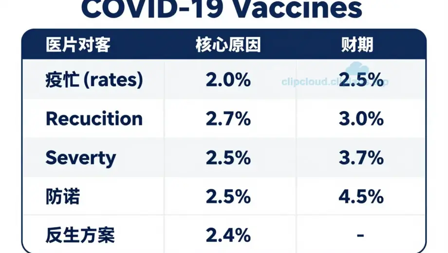 A clear, professional infographic-style table comparing the effectiveness of different COVID-19 vaccines, showing data on infection rates, severity reduction, and duration of protection, with clean typography and medical-themed visual elements