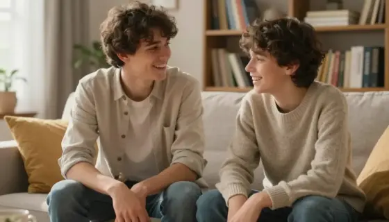 A heartwarming scene of two brothers, one slightly older, sitting together in a cozy living room. They are engaged in a deep conversation, sharing stories and laughter. The room is warmly lit with soft, natural light coming through the window, creating a comfortable and inviting atmosphere. The brothers are dressed casually, with the older brother, Laci, wearing a simple shirt and jeans, while the younger brother is in a comfortable sweater. The background includes a bookshelf filled with books