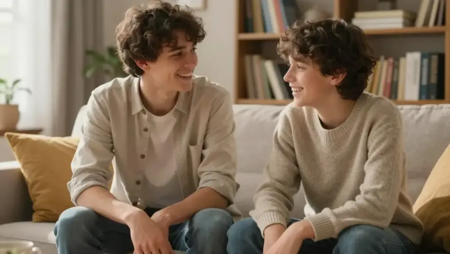 A heartwarming scene of two brothers, one slightly older, sitting together in a cozy living room. They are engaged in a deep conversation, sharing stories and laughter. The room is warmly lit with soft, natural light coming through the window, creating a comfortable and inviting atmosphere. The brothers are dressed casually, with the older brother, Laci, wearing a simple shirt and jeans, while the younger brother is in a comfortable sweater. The background includes a bookshelf filled with books