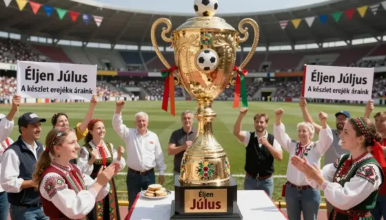 A vibrant Hungarian folk art scene celebrating the legendary football player Július, featuring a large, ornate trophy surrounded by cheering fans in traditional Hungarian attire, with banners displaying 'Éljen Július' and 'A készlet erejének áraink', set in a sunlit stadium filled with colorful decorations and festive atmosphere