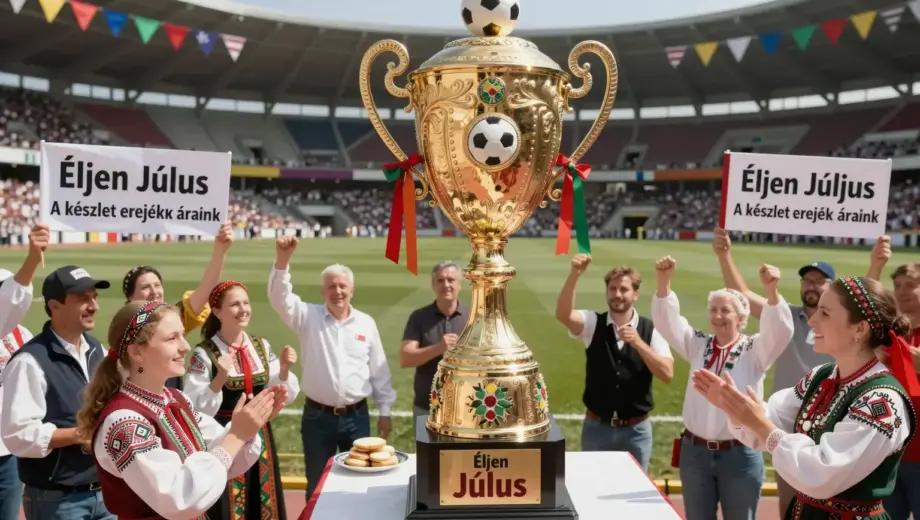 A vibrant Hungarian folk art scene celebrating the legendary football player Július, featuring a large, ornate trophy surrounded by cheering fans in traditional Hungarian attire, with banners displaying 'Éljen Július' and 'A készlet erejének áraink', set in a sunlit stadium filled with colorful decorations and festive atmosphere