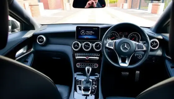 A detailed view of a Mercedes-Benz car interior, showing the dashboard, steering wheel, seats, and center console, with a focus on the driver's perspective as if someone is sitting in the driver's seat, capturing the luxurious and modern design elements typical of a Mercedes vehicle