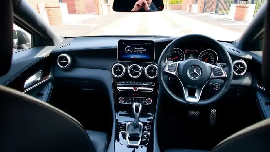A detailed view of a Mercedes-Benz car interior, showing the dashboard, steering wheel, seats, and center console, with a focus on the driver's perspective as if someone is sitting in the driver's seat, capturing the luxurious and modern design elements typical of a Mercedes vehicle