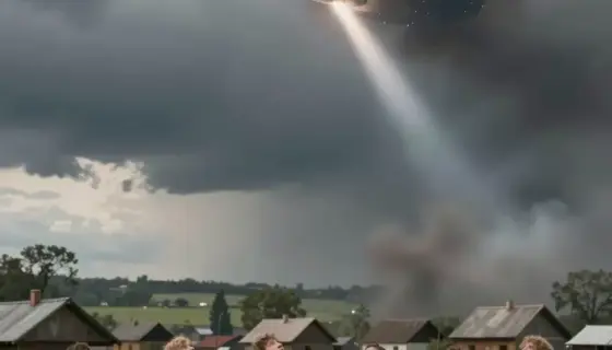 A dramatic, high-detail scene showing a group of people in a rural Hungarian village setting, looking up in shock and awe as a massive, dark, elongated object (resembling a meteor or UFO) streaks across the sky at high speed, leaving a bright trail of light and smoke, with the ground below showing a dusty, grassy field and scattered farm buildings under a cloudy, tense atmosphere